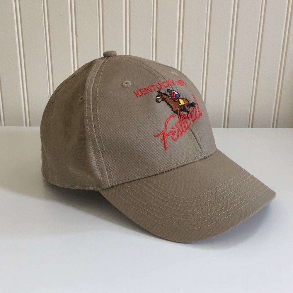 Vintage Kentucky Derby Festival tan brown race horse jockey baseball cap EUC